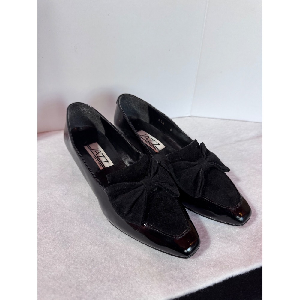 Jazz Made in Spain Vintage Black Patent Leather Suede Bow Loafer Wedge Heel 6.5M